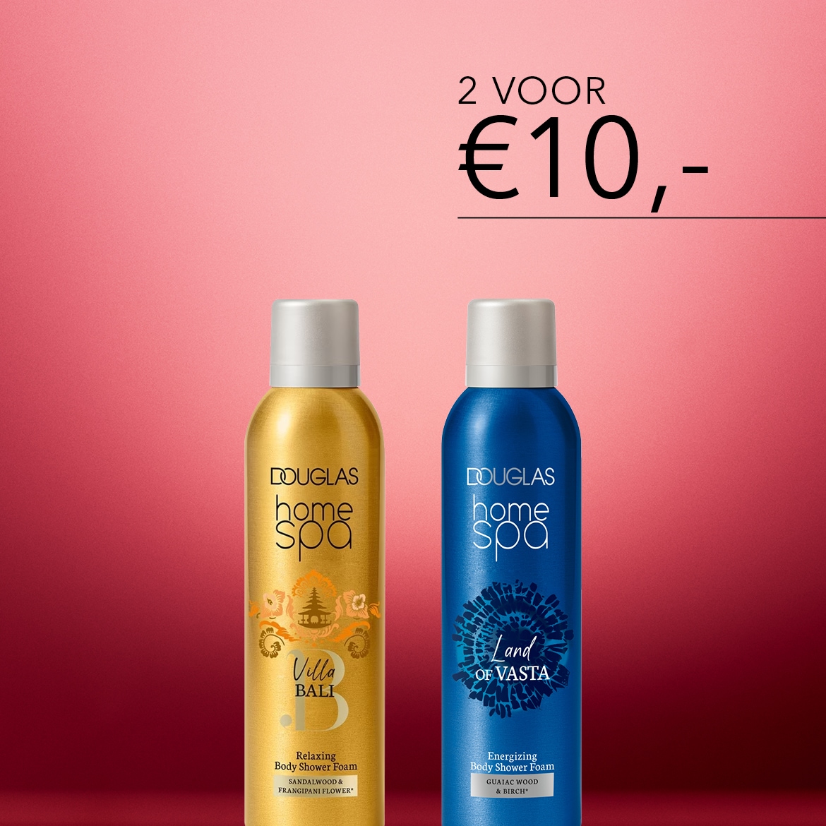 Twee Douglas Home Spa body shower foams voor €10,-: de gouden Villa Bali met sandelhout en frangipani, en de blauwe Land of Vasta met guaiac hout en berk.