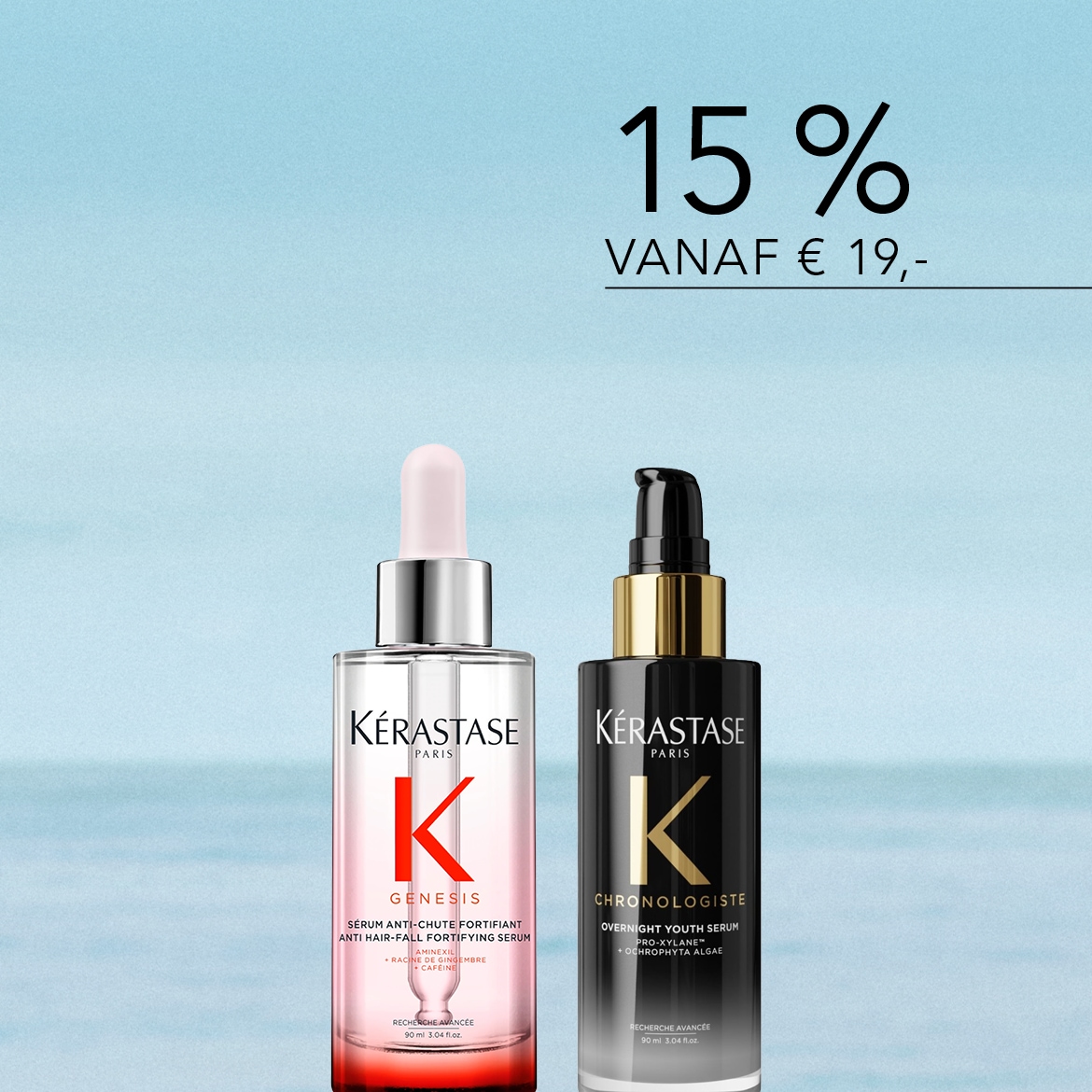 Ontdek de Kérastase Genesis Anti Hair-Fall Fortifying Serum in een transparante fles met roze vloeistof en de Kérastase Chronologiste Overnight Youth Serum in een zwarte fles met gouden accenten, nu met 15% korting vanaf €19,-.