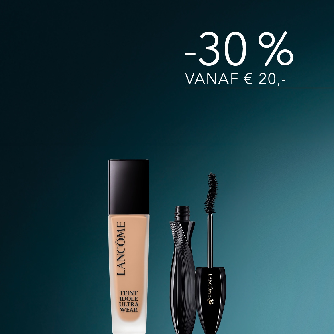 Ontdek de Lancôme Teint Idole Ultra Wear foundation in een matte glazen fles met zwarte dop, samen met de Lancôme mascara met een uniek gedraaid zwart flesje en borsteltje, en profiteer van 30% korting vanaf €20.