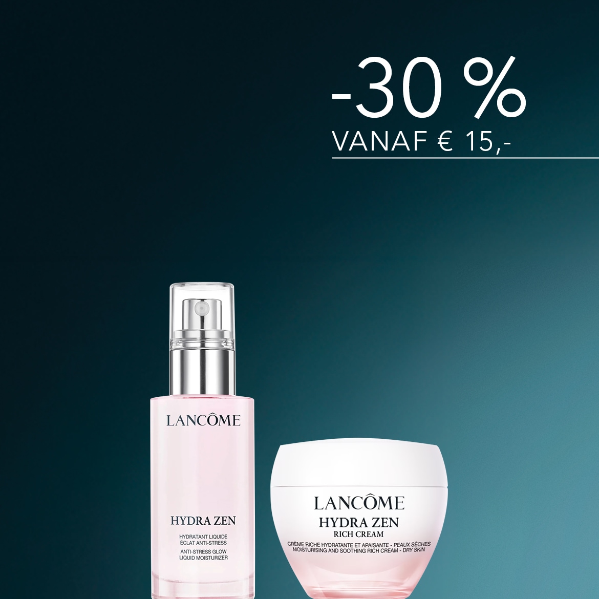 Ontdek de Lancôme Hydra Zen lijn met de Anti-Stress Glow Liquid Moisturizer in een roze flesje met zilveren pomp en de Rich Cream in een witte pot met roze onderkant, nu met 30% korting vanaf €15.