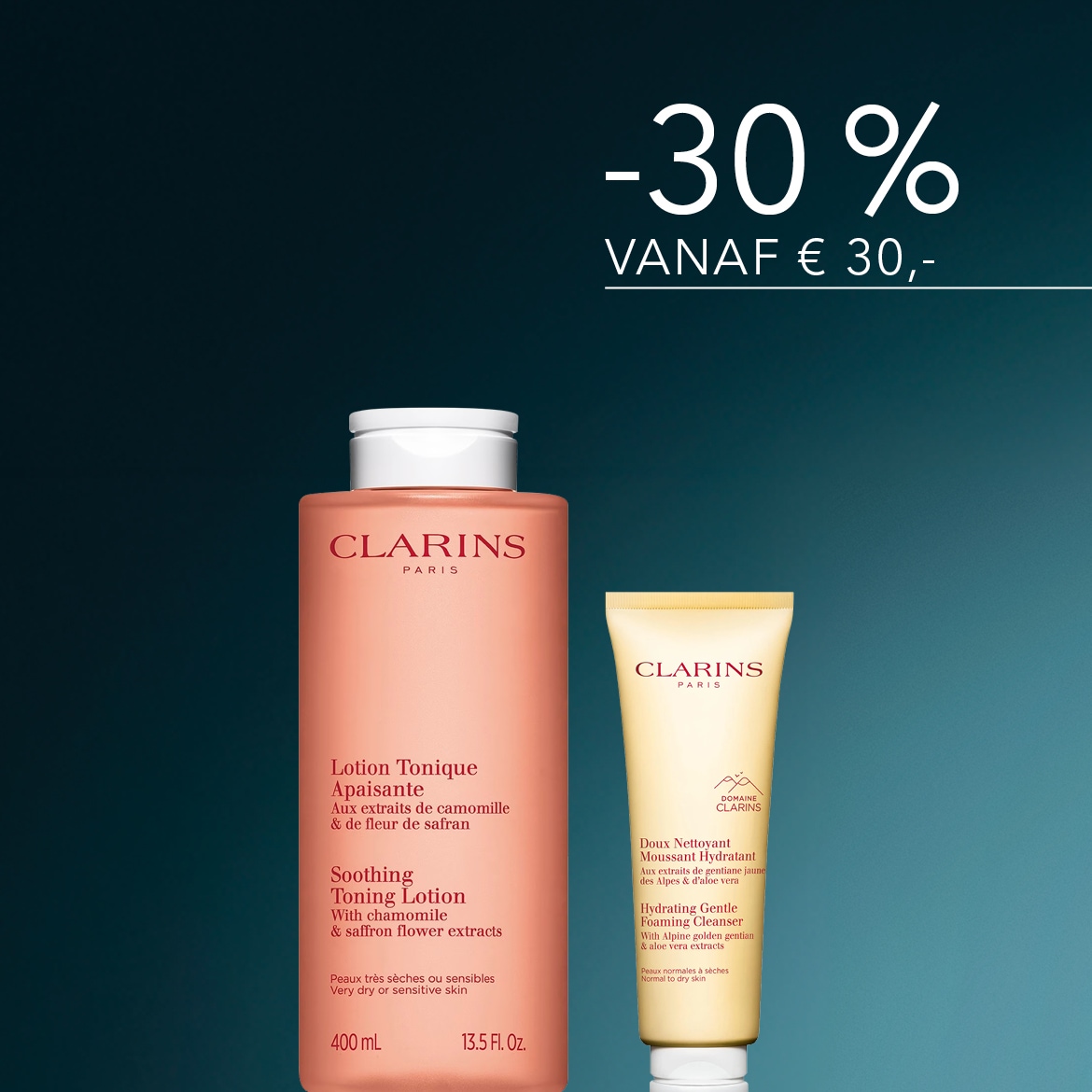 Ontdek de Clarins Soothing Toning Lotion in een roze fles van 400 ml, speciaal voor de zeer droge of gevoelige huid, en de Hydrating Gentle Foaming Cleanser in een gele tube, ideaal voor de normale tot droge huid, nu met 30% korting vanaf €30.