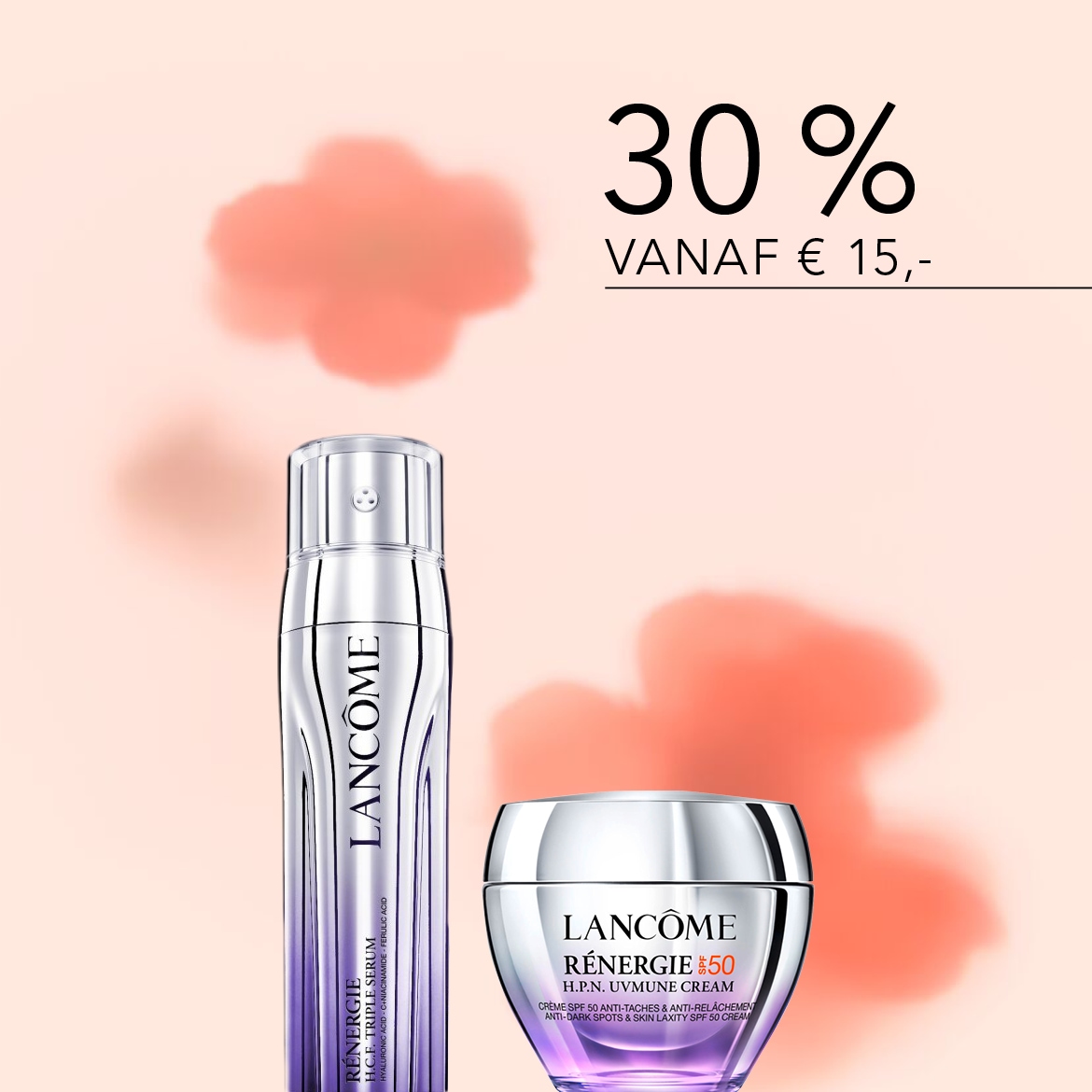 Geniet van 30% korting vanaf €15 op Lancôme Rénergie H.C.F. Triple Serum en H.P.N. UVMUNE Cream, de crème met SPF 50 die helpt tegen donkere vlekken en huidverslapping.