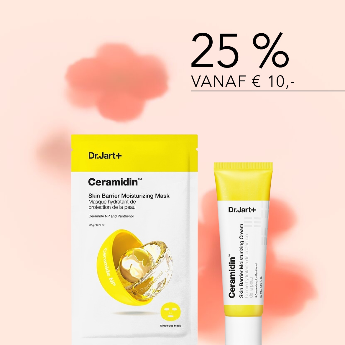 Dr.Jart+ Ceramidin™ huidbarrière hydraterend masker en crème, nu met 25% korting vanaf €10,-, voor een gehydrateerde en beschermde huid.
