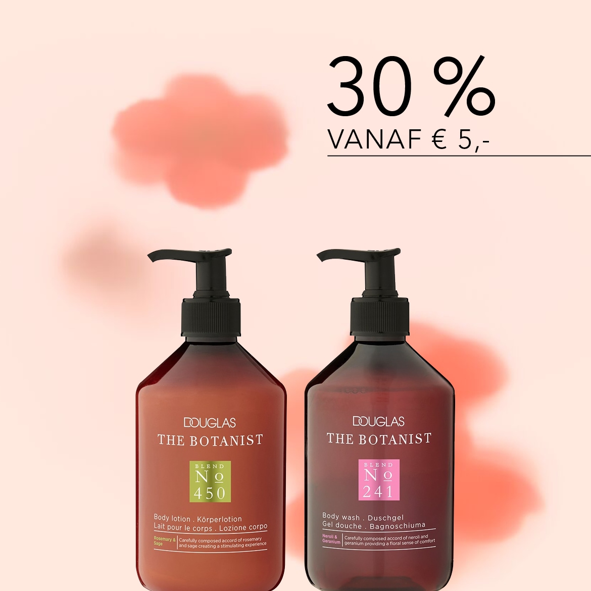 Twee bruine flessen Douglas The Botanist bodylotion en bodywash staan klaar, met een aanbieding van 30% korting vanaf €5.