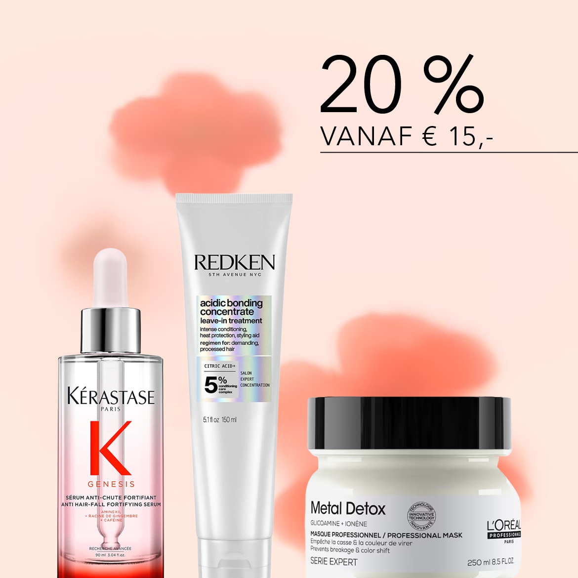 Ontdek haarversterkende producten zoals Kérastase Genesis serum, Redken leave-in treatment en L'Oréal Metal Detox masker. Profiteer nu van 20% korting vanaf €15!