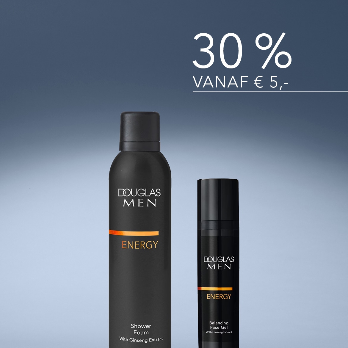 Douglas Men Energy: zwarte douchefoam en gezichtsgel met ginseng-extract, nu vanaf € 5 met 30% korting.