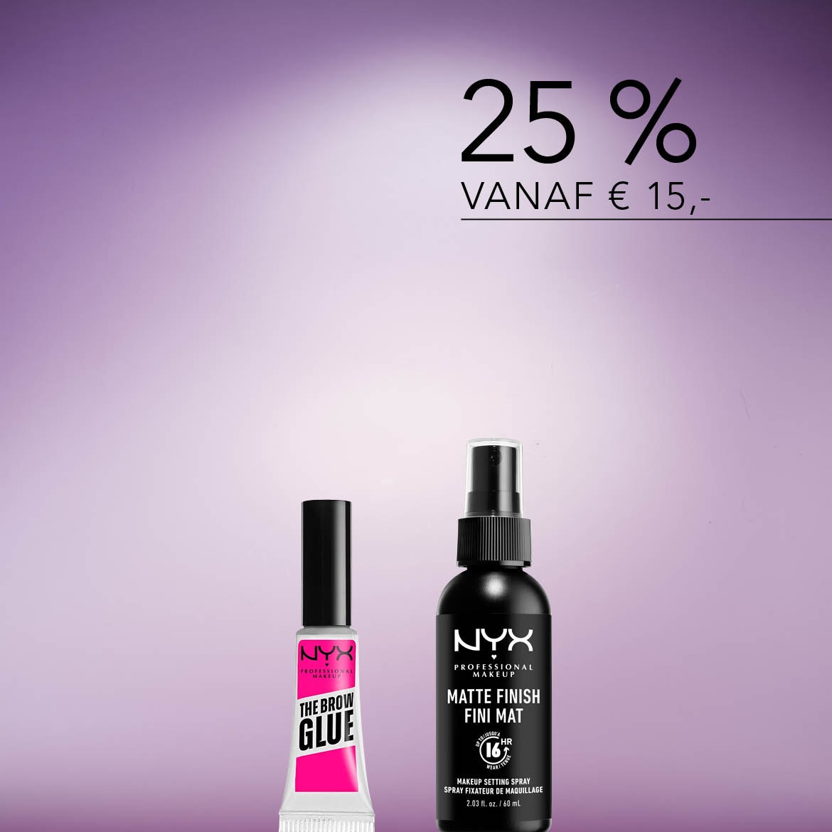 Ontdek NYX Professional Makeup: The Brow Glue en Matte Finish Fini Mat setting spray, nu met 25% korting vanaf €15.