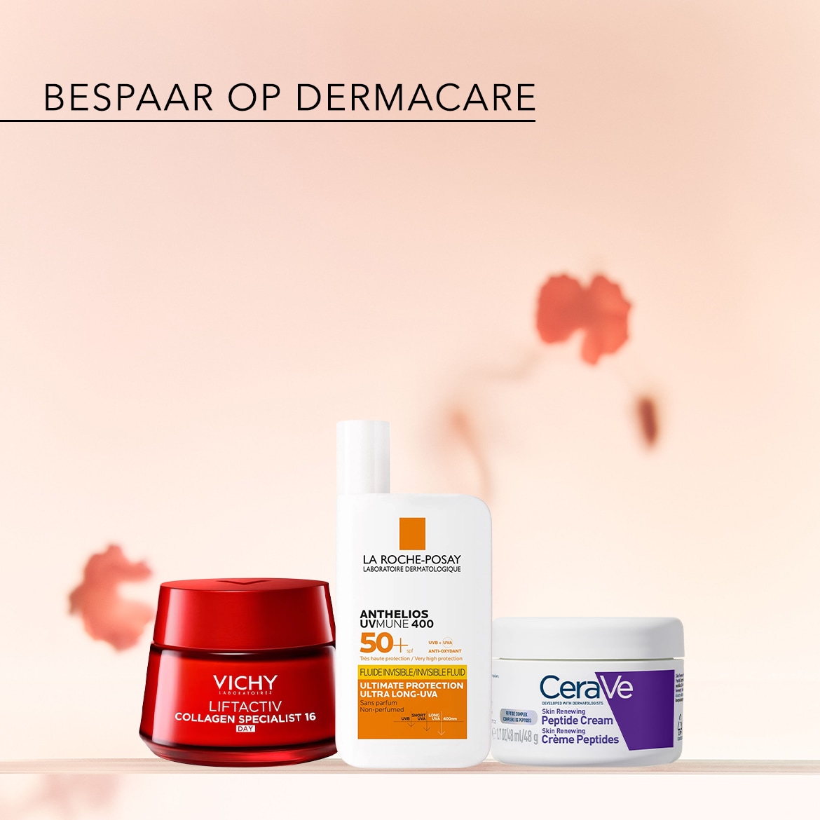 Bespaar op dermacare met Vichy Liftactiv Collagen Specialist dagcrème in een rode pot, La Roche-Posay Anthelios Uvmune 400 zonnebrandcrème in een witte fles en CeraVe Skin Renewing Peptide Cream in een witte pot.