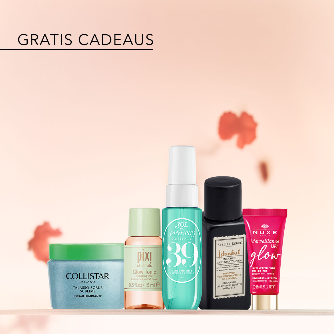 Ontdek een selectie van schoonheidsproducten, waaronder Collistar scrub, Pixi Glow Tonic, Sol de Janeiro parfum, Atelier Rebul handlotion en Nuxe Merveillance liftcrème, als gratis cadeaus.
