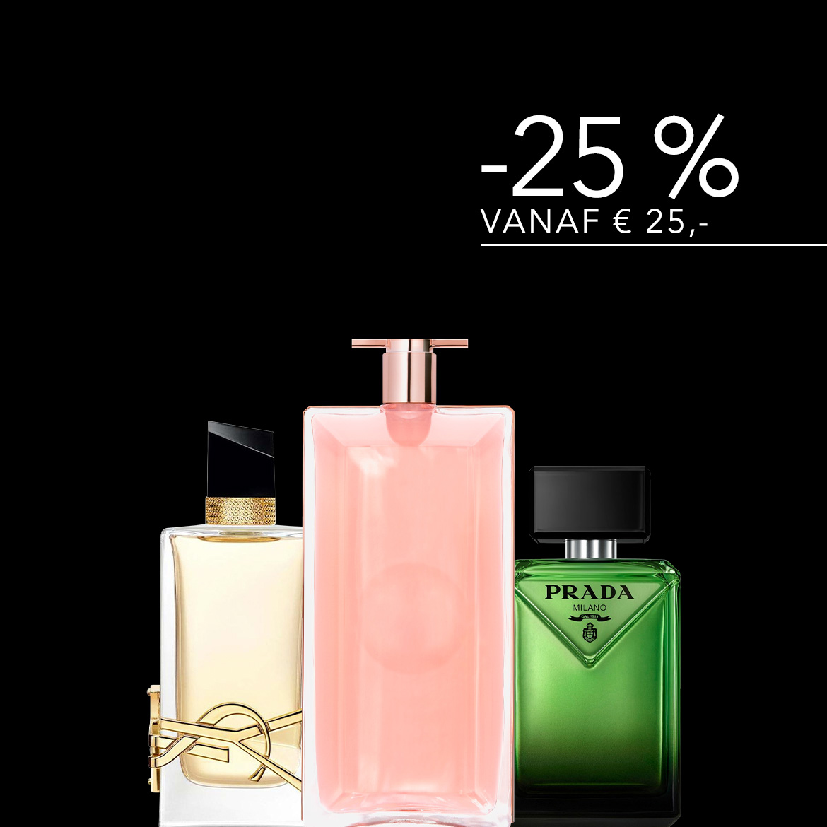 Ontdek drie luxe parfums: een goudkleurige fles met een YSL-logo, een roze fles met een roségouden dop, en een groene Prada-fles met een zwarte dop, nu met 25% korting vanaf €25.