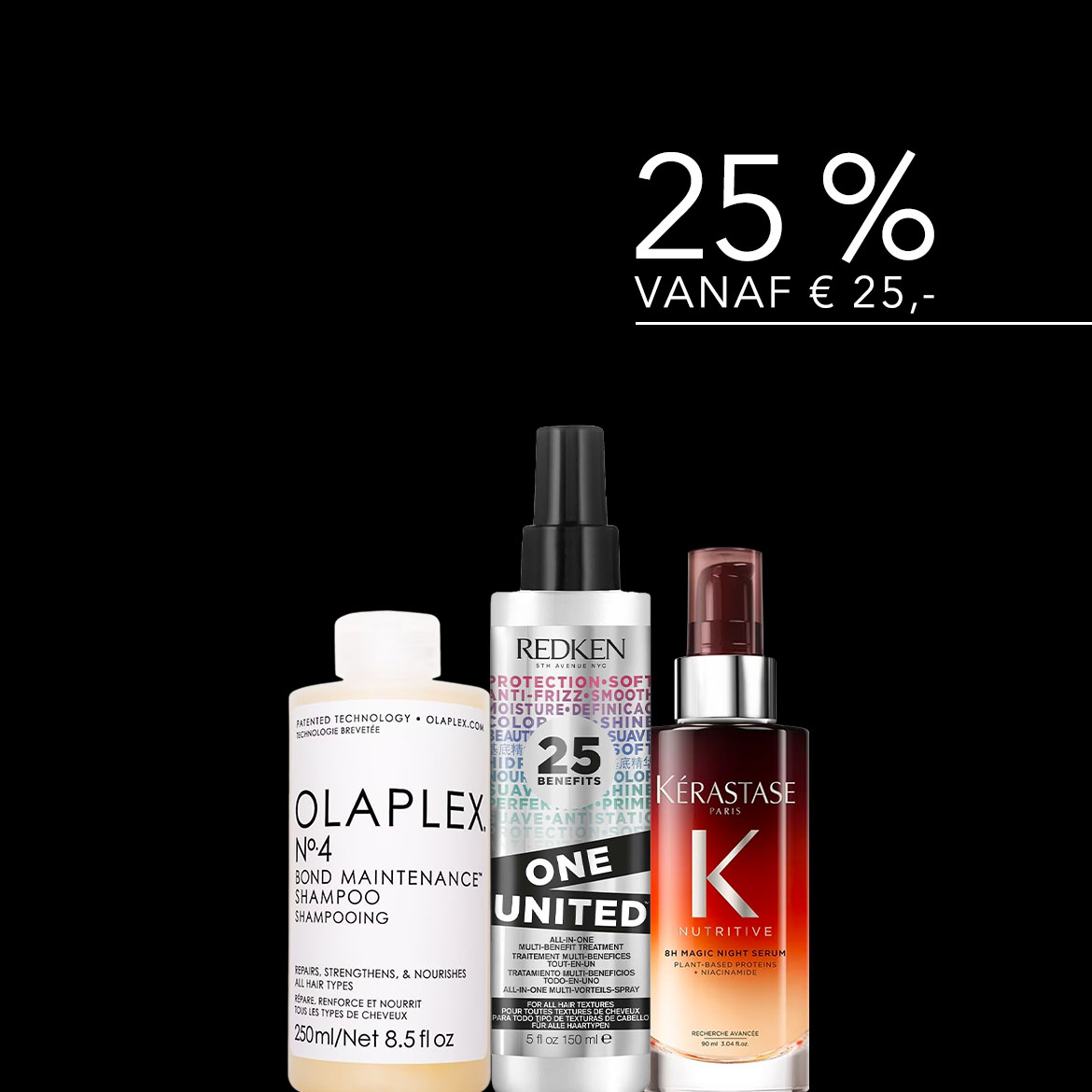 Ontdek haarverzorgingsproducten van Olaplex, Redken en Kérastase, met 25% korting vanaf € 25,-.