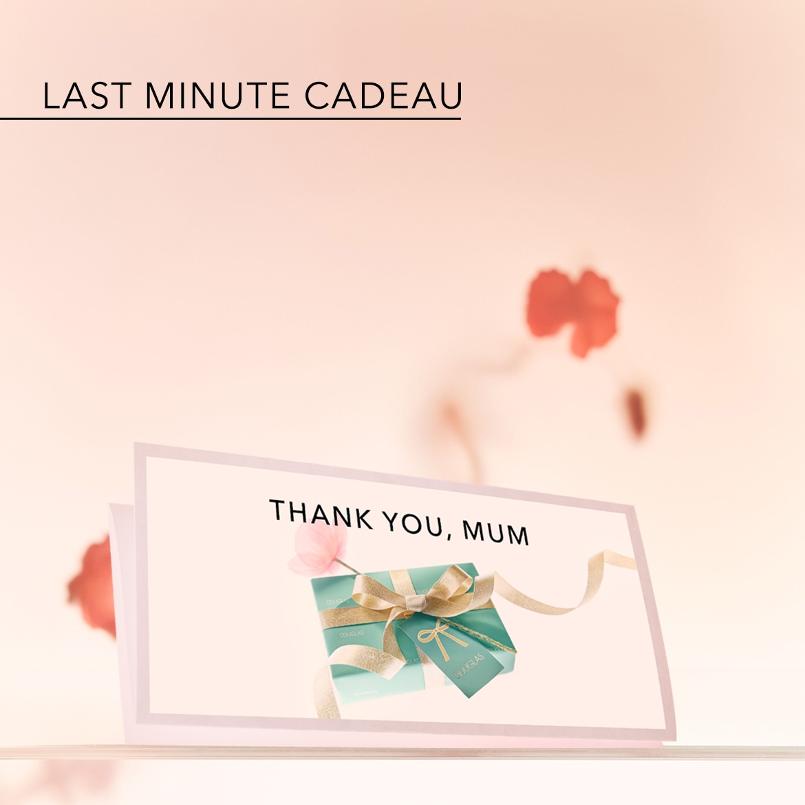 Vind het perfecte last-minute cadeau voor Moederdag bij Douglas, met een kaartje met de tekst 'Thank You, Mum' en een prachtig ingepakt turquoise cadeau met gouden lint.