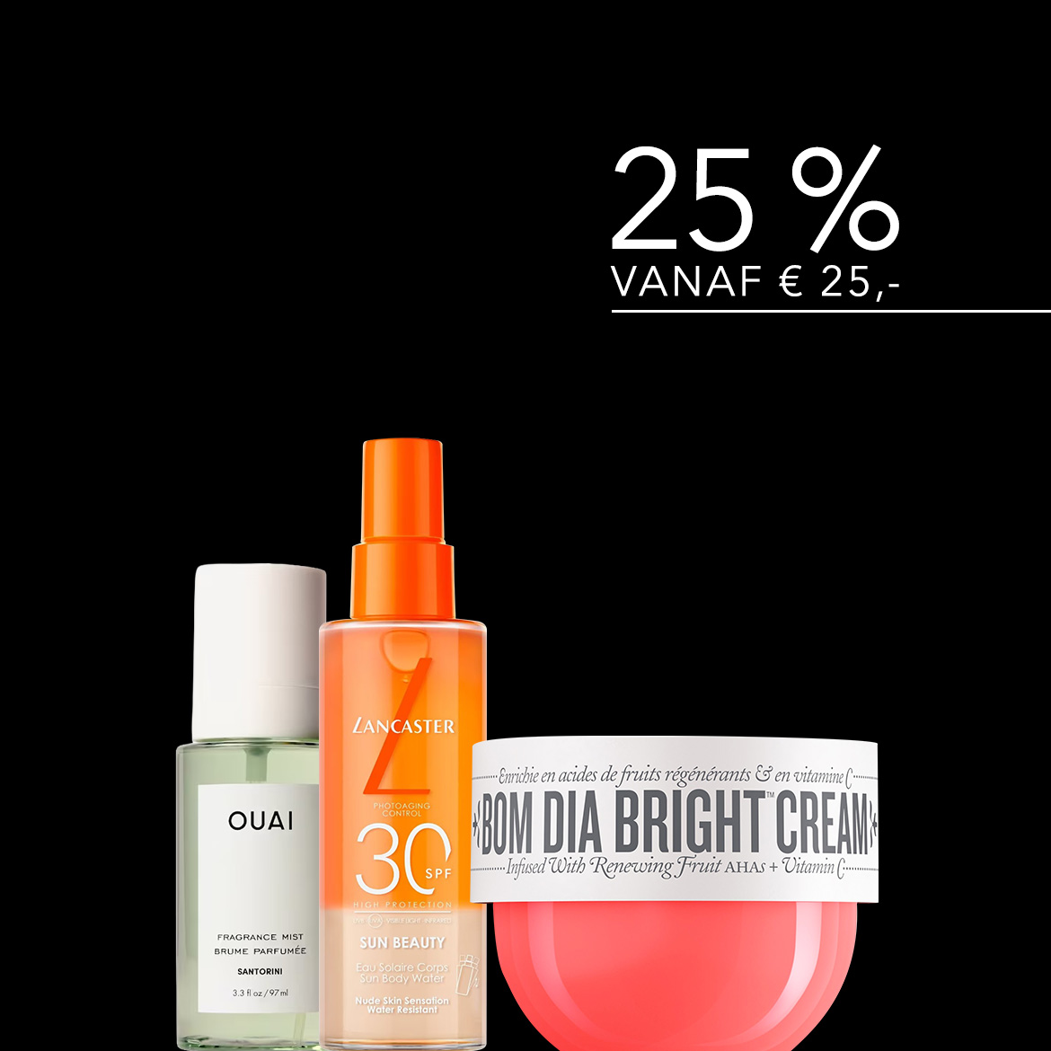 Ontdek de Ouai Fragrance Mist Santorini, Lancaster Sun Beauty SPF 30 en Bom Dia Bright Cream, nu met 25% korting vanaf €25,-.