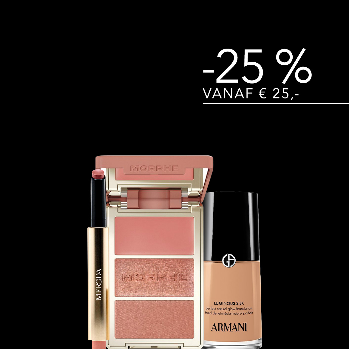 Ontdek de Morphe blush- en contourkit met drie perzikkleurige tinten, een Meroda lippenstift in een goudkleurige huls en een flesje Armani Luminous Silk foundation, nu met 25% korting vanaf €25.