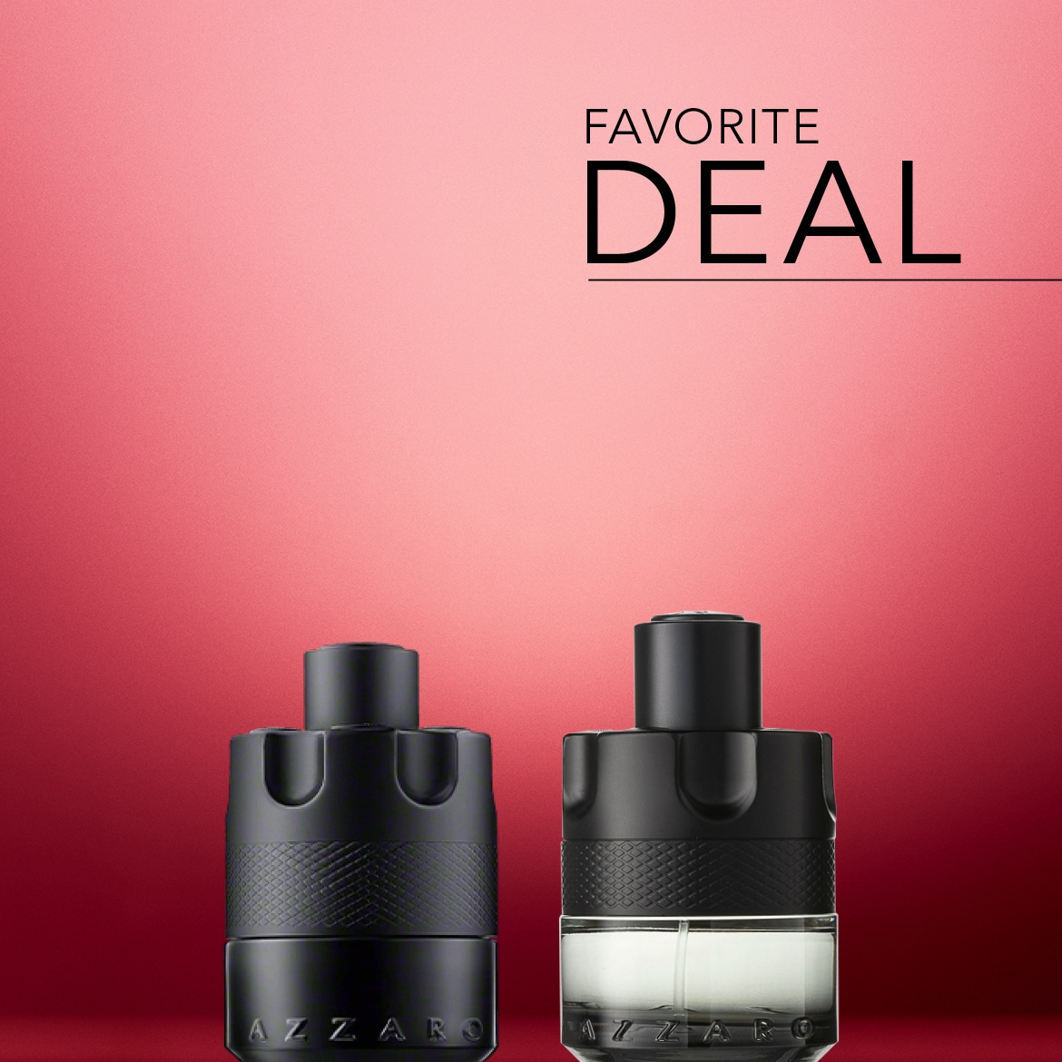 Profiteer van de favoriete deal op Azzaro Wanted parfums, gepresenteerd in strakke, zwarte flacons tegen een levendige rode achtergrond.