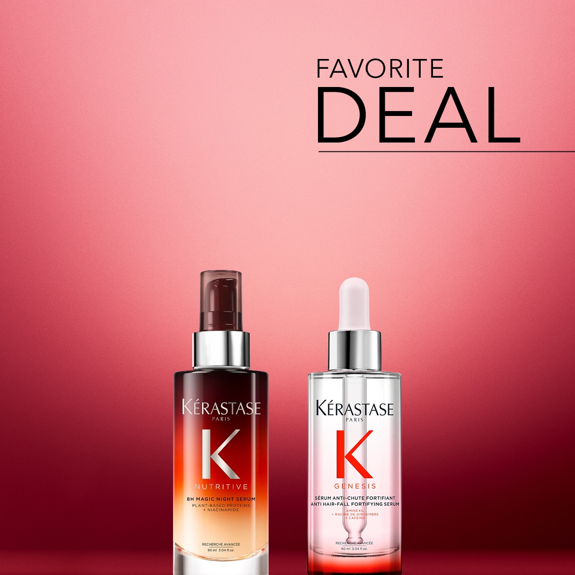Ontdek de favoriete deal: Kérastase Nutritive 8H Magic Night Serum met plantaardige proteïnen en niacinamide, en Kérastase Genesis serum tegen haaruitval met gemberwortel en cafeïne.