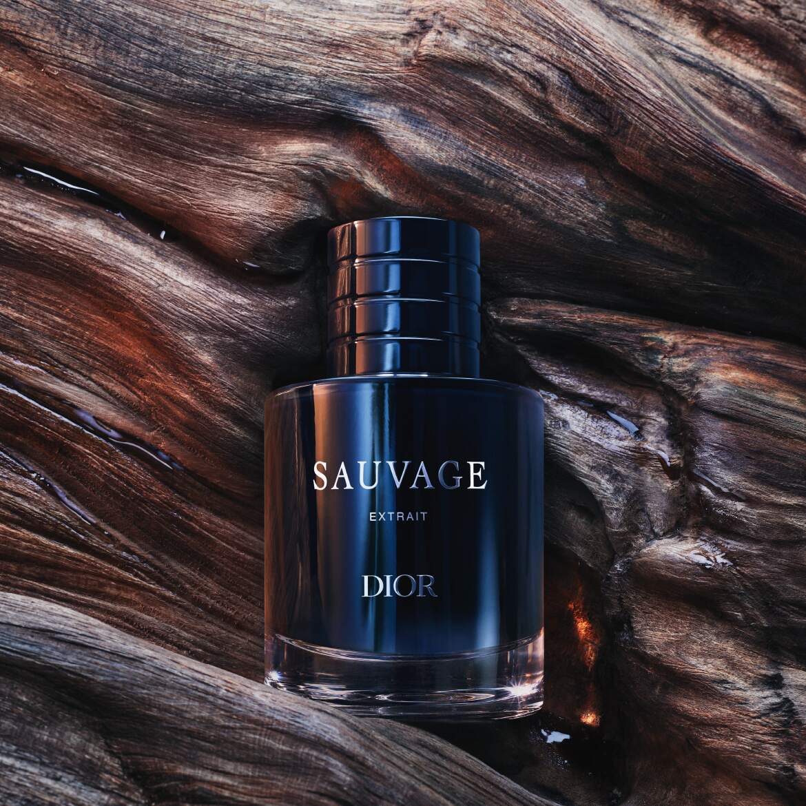De Dior Sauvage Extrait parfumfles, donkerblauw met zilveren letters, staat op een ruwe, donkerbruine houten ondergrond met glanzende waterdruppels.