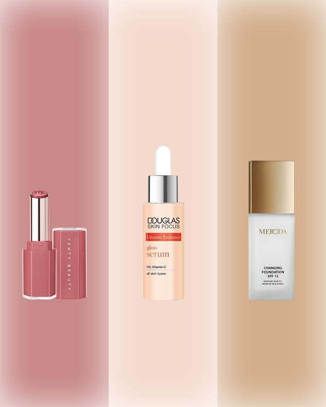 Vier bekende vrouwen, waaronder Millie Bobby Brown en Kylie Jenner, presenteren diverse schoonheidsproducten in kleurrijke verpakkingen.