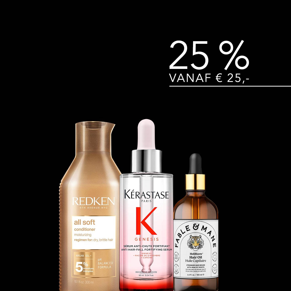 Profiteer van 25% korting vanaf € 25,- op haarverzorgingsproducten, waaronder Redken All Soft conditioner, Kérastase Genesis serum en Fable & Mane haarolie.