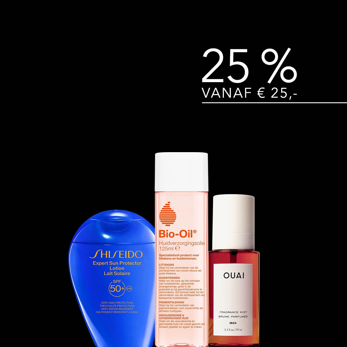 Profiteer van 25% korting vanaf € 25 op huidverzorgingsproducten zoals Shiseido Expert Sun Protector Lotion SPF 50+, Bio-Oil Huidverzorgingsolie en OUAI Fragrance Mist Ibiza.