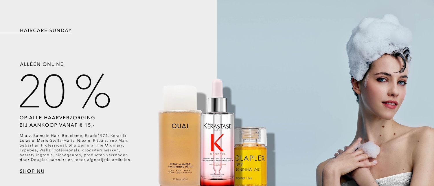 Het is Haircare Sunday! Alleen online krijg je 20% korting op alle haarverzorging bij aankoop vanaf € 15,-.