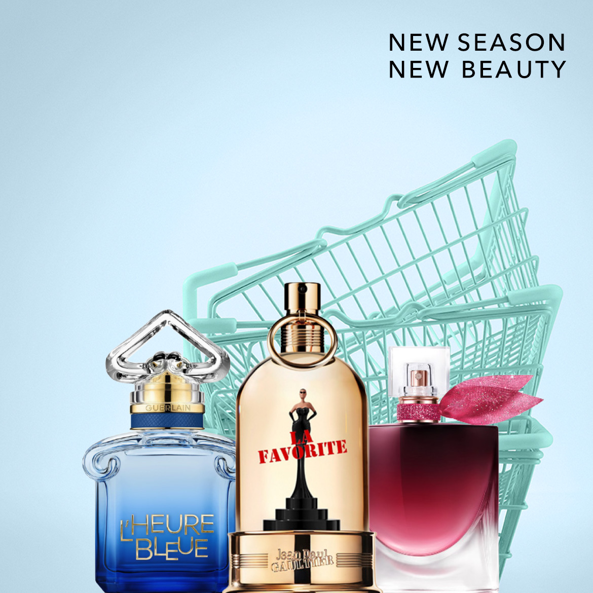 Ontdek de nieuwe collectie parfums met de tekst "NEW SEASON NEW BEAUTY" en drie opvallende flacons: een blauwe Guerlain L'Heure Bleue, een goudkleurige Jean Paul Gaultier La Favorite en een rood-roze Lancôme La Vie Est Belle.