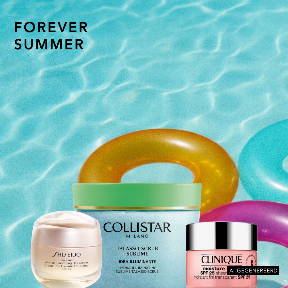 De tekst "FOREVER SUMMER" staat in zwarte hoofdletters linksboven op een achtergrond van helderblauw water met rimpelingen, wat een zomerse sfeer oproept.