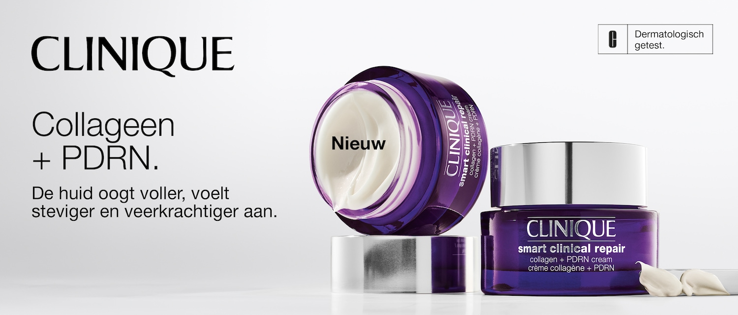 Ontdek de nieuwe Clinique Smart Clinical Repair Collageen + PDRN crème in een paarse pot met zilveren deksel, die de huid voller, steviger en veerkrachtiger maakt en dermatologisch getest is.