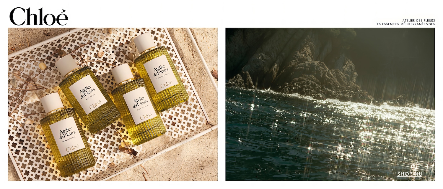Ontdek Chloé Atelier des Fleurs geuren, gepresenteerd in gegroefde glazen flessen met gouden accenten, rustend op een decoratieve metalen tray met een zandstrand achtergrond.