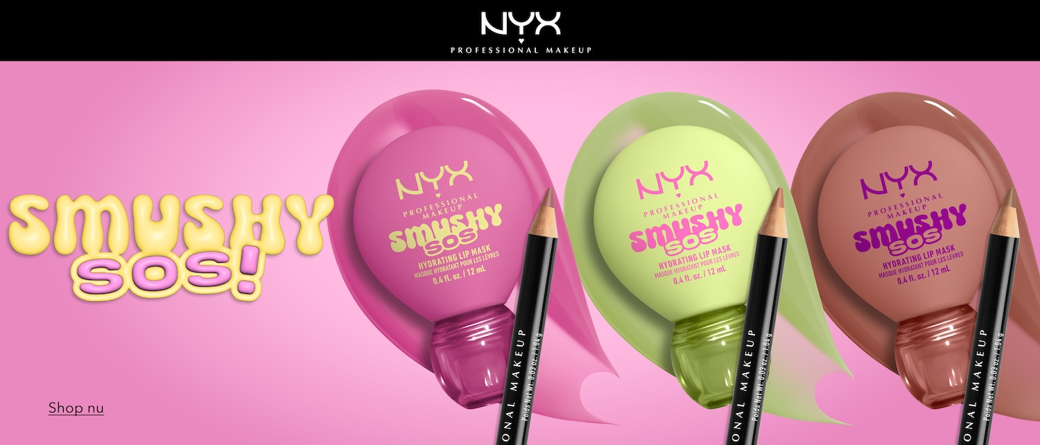 Drie NYX Professional Makeup Smushy SOS Hydrating Lip Masks in roze, limoengroen en bruin, elk met een bijpassend lippotlood, staan op een roze achtergrond met de tekst "SMUSHY SOS!" en "Shop nu".