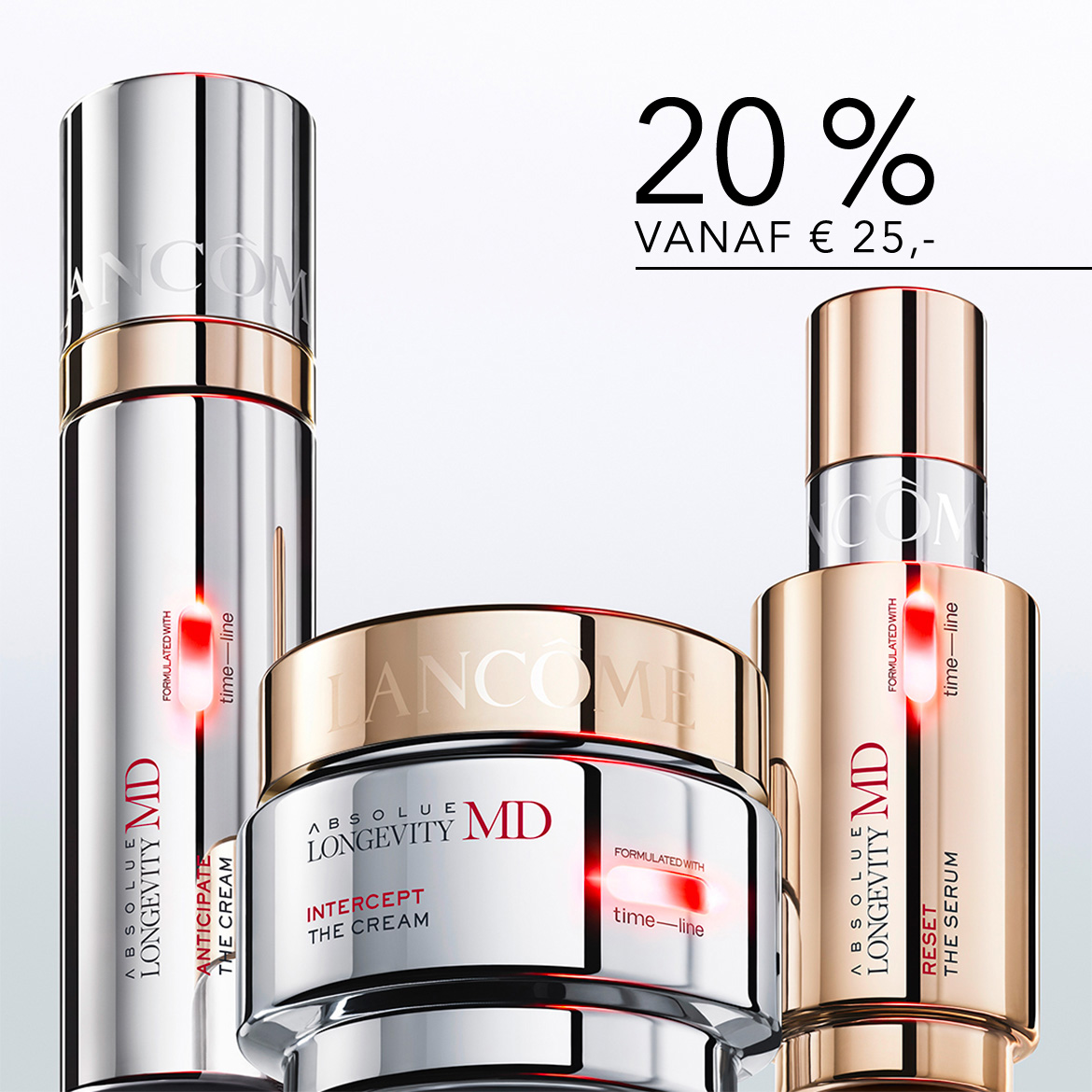 Ontdek Lancôme Absolue Longevity MD huidverzorgingslijn, met de antiverouderingscrème, serum en oogcrème, nu met 20% korting vanaf € 25.