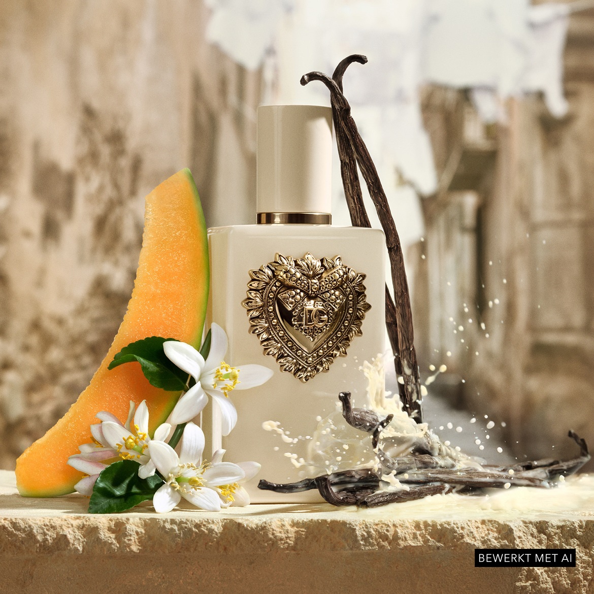 Een crèmekleurige parfumfles met een gouden hartvormig embleem, omringd door vanillestokjes, meloen en witte bloemen, met opspattende vloeistof.