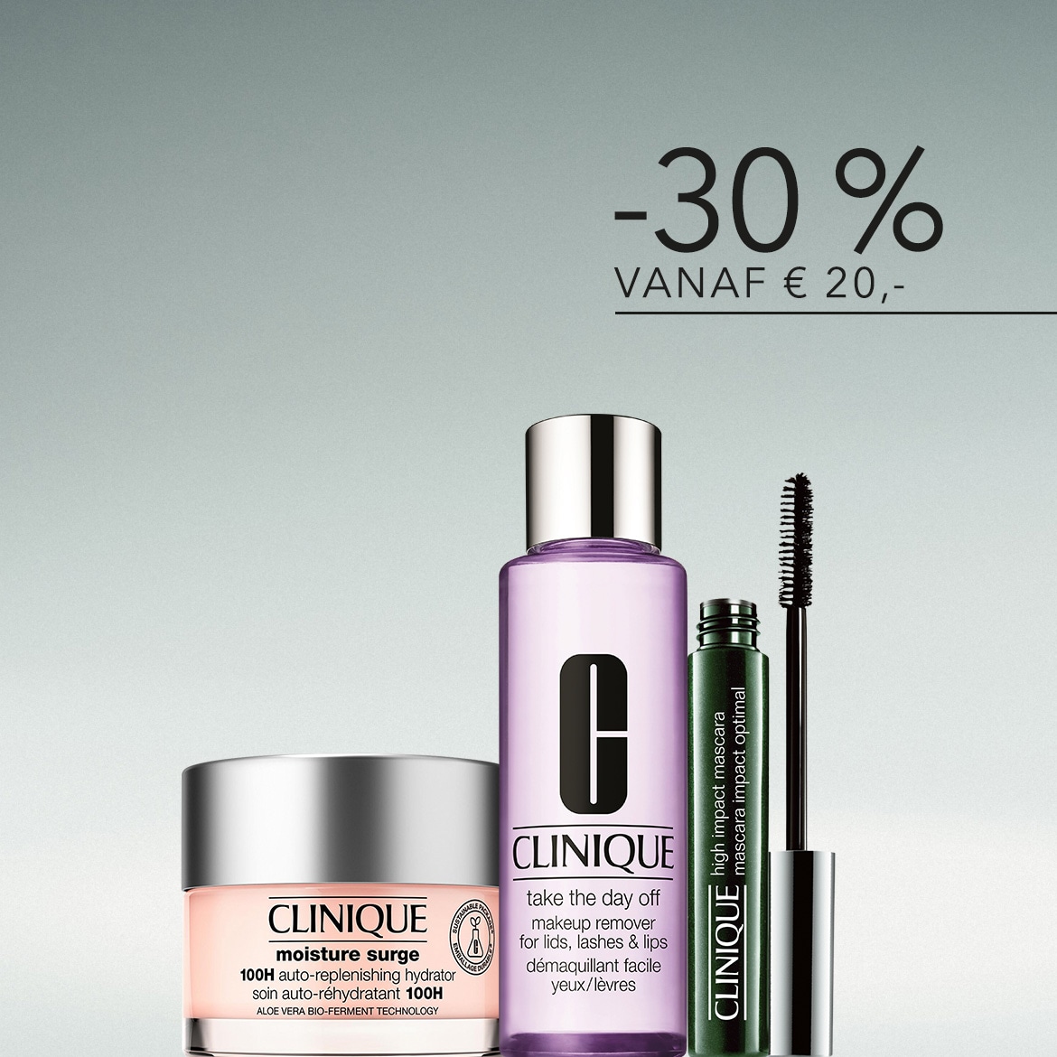 Ontdek de Clinique Moisture Surge 100H auto-replenishing hydrator in een roze pot, de Take The Day Off make-up remover in een paarse fles en de High Impact mascara in een groene tube, nu met 30% korting vanaf €20.