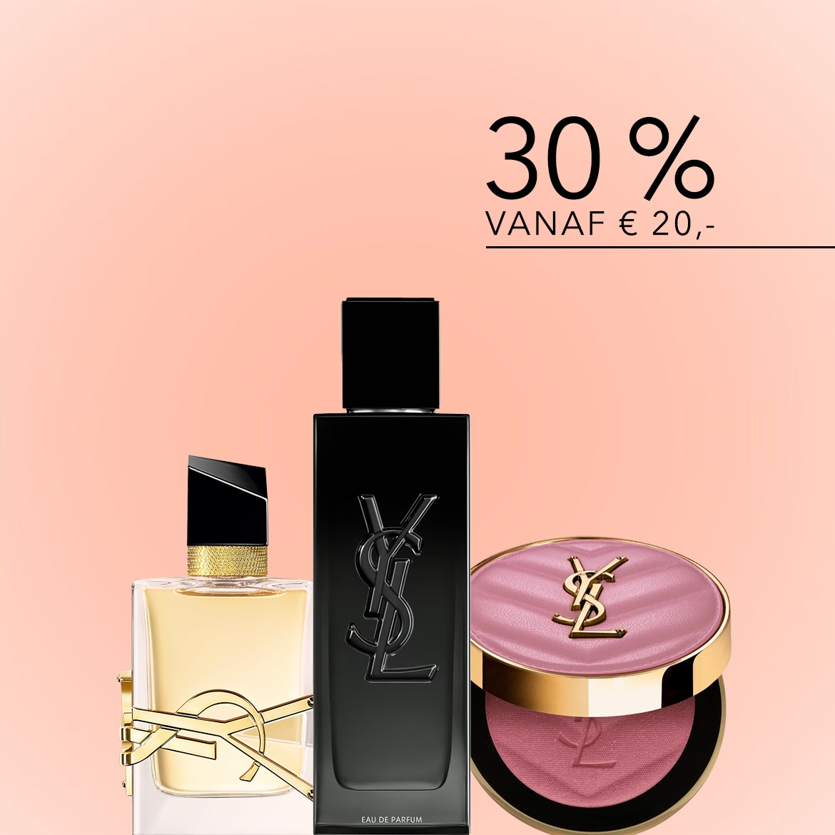 Ontdek de luxe van Yves Saint Laurent met 30% korting vanaf €20,-, inclusief parfums en blushers in elegante verpakkingen.