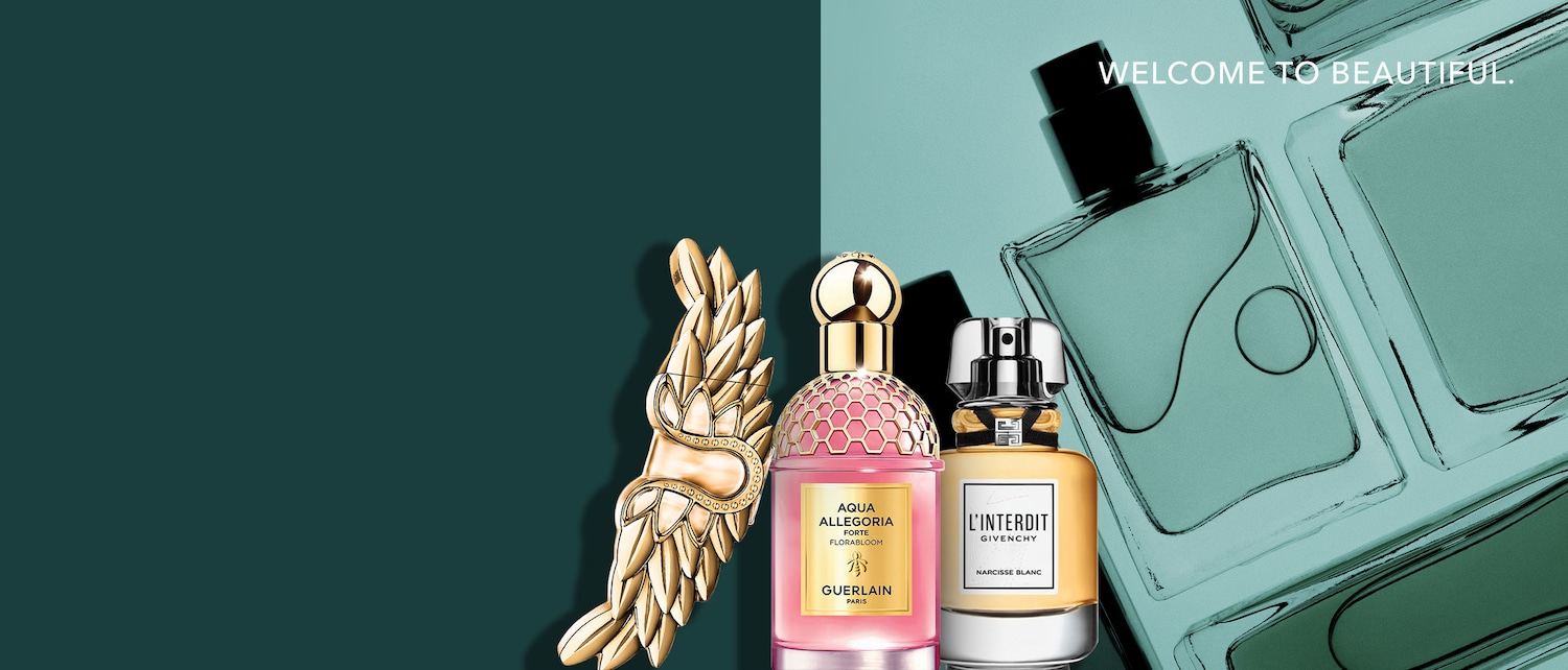 Welkom bij Beautiful, met een gouden vleugeldecoratie en flessen Aqua Allegoria Forte Florabloom van Guerlain met roze vloeistof en L'Interdit van Givenchy Narcisse Blanc met gele vloeistof.