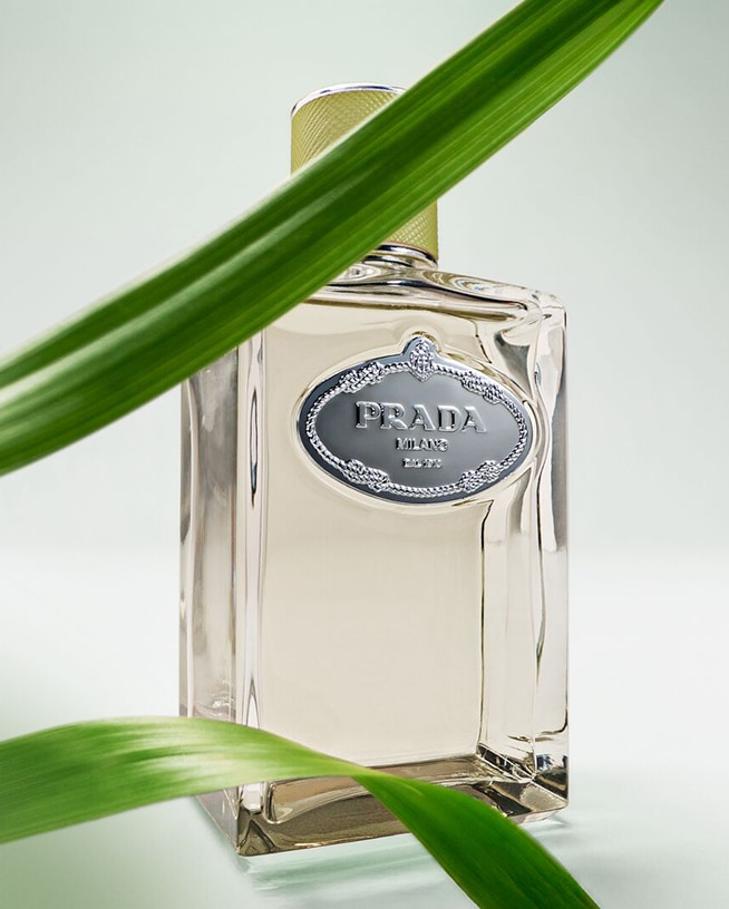 Transparante Prada Milano Eau de Toilette flacon met zilveren logo en groene bladeren.