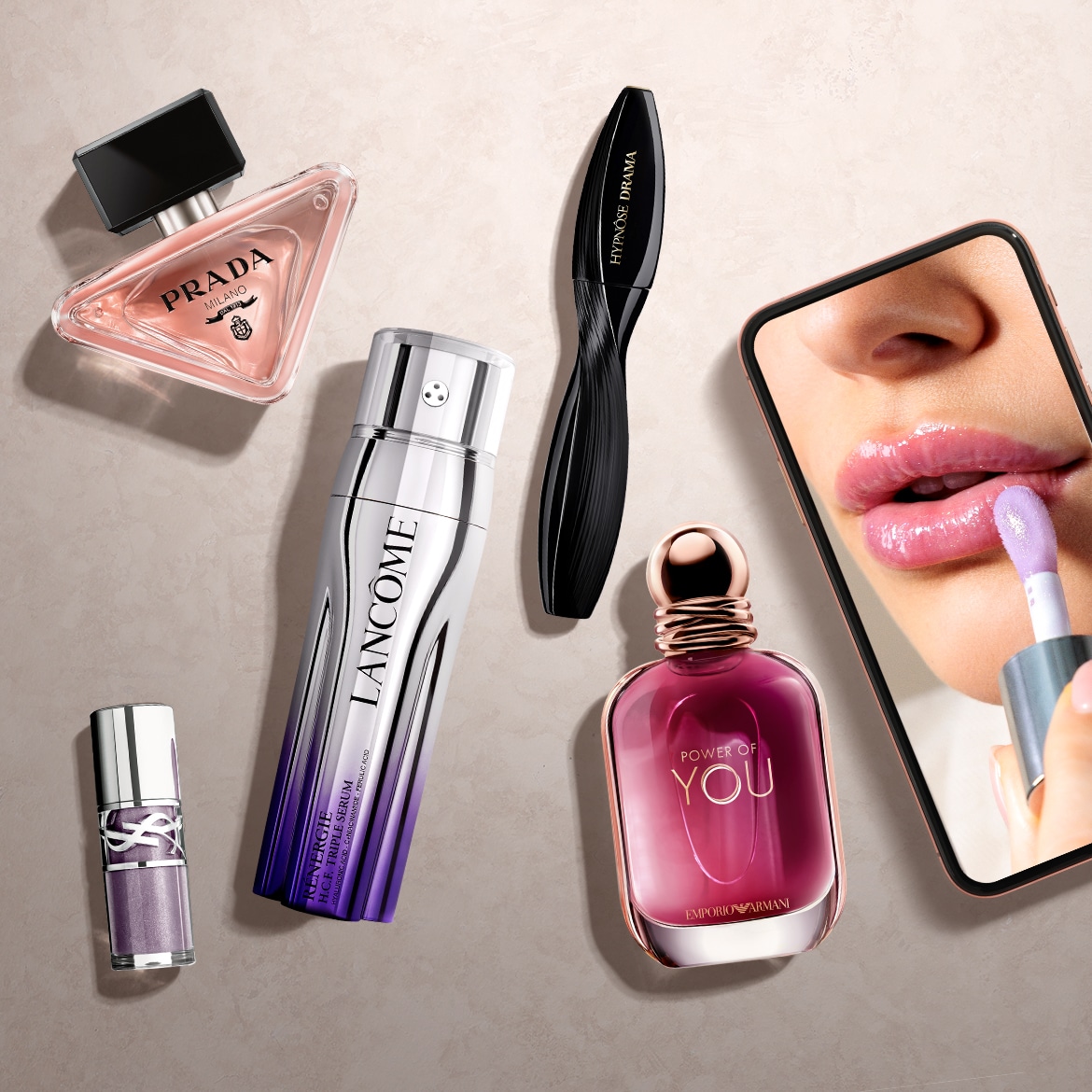 Ontdek een collectie van schoonheidsproducten, waaronder Prada Milano parfum, Lancôme Rénergie H.C.F. Triple Serum, Hypnôse Drama mascara en Emporio Armani Power of You parfum.