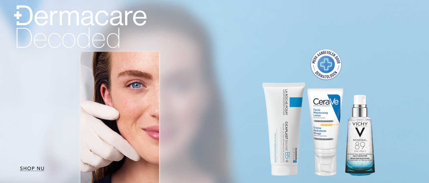 Ontdek Dermacare Decoded: een vrouw met blauwe ogen krijgt een huidbehandeling, omringd door La Roche-Posay, CeraVe en Vichy producten. Shop nu voor een gezonde huid!