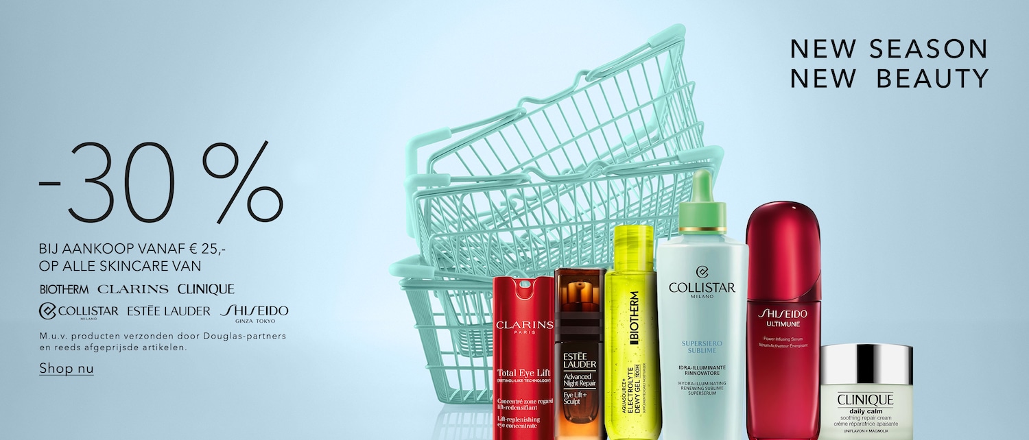 Ontdek de nieuwe collectie van Douglas met 30% korting op alle skincare vanaf €25, inclusief merken zoals Biotherm, Clarins, Clinique, Collistar, Estée Lauder en Shiseido.