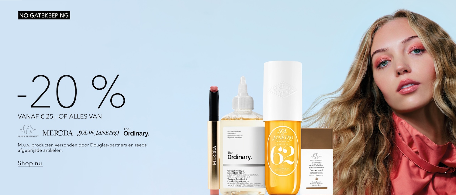 Ontdek de "NO GATEKEEPING" aanbieding met 20% korting op alle producten vanaf €25,- van Drunk Elephant, Meroda, Sol de Janeiro en The Ordinary.