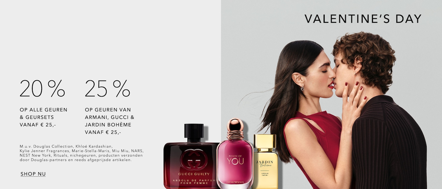 Vier Valentijnsdag met 20% korting op alle geuren en geursets, of 25% korting op Armani, Gucci & Jardin Bohème vanaf €25.