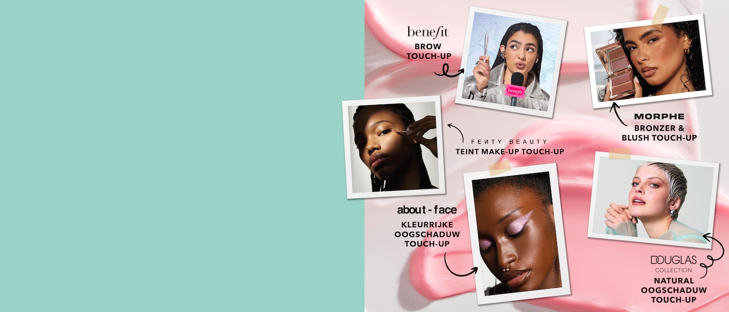 Een vrouw met een microfoon in de hand en een Benefit-logo op de microfoon, met de tekst "Benefit Brow Touch-Up" ernaast.