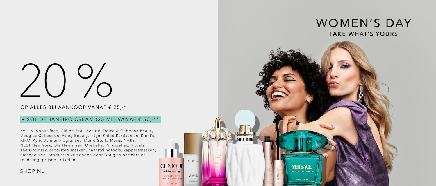 Vier Vrouwendag met 20% korting op aankopen vanaf € 25, inclusief Sol de Janeiro Cream (25 ml) vanaf € 50, plus een scala aan topmerken.