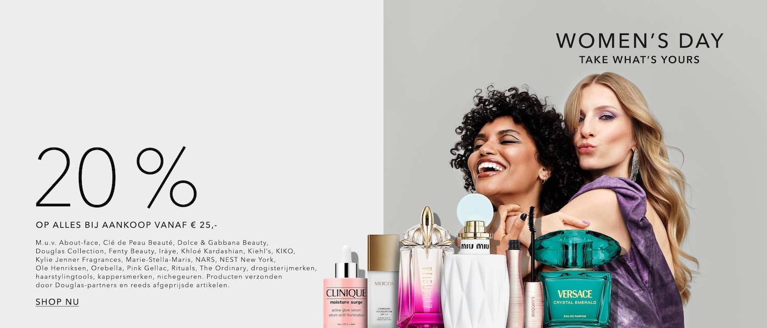 Vrouwendag: neem wat van jou is met 20% korting op alles bij aankoop vanaf € 25,-, inclusief merken zoals Clinique en Versace. Shop nu!