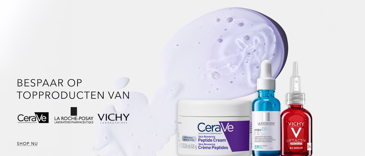 Bespaar op topproducten van Cerave, La Roche-Posay en Vichy, met een close-up van Cerave Peptide Cream, La Roche-Posay Hyalu B5 Serum en Vichy Liftactiv Specialist B3 Serum.