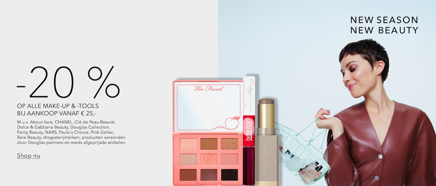 Ontdek 20% korting op make-up en tools bij een aankoop vanaf €25, met uitzondering van specifieke merken en reeds afgeprijsde artikelen.