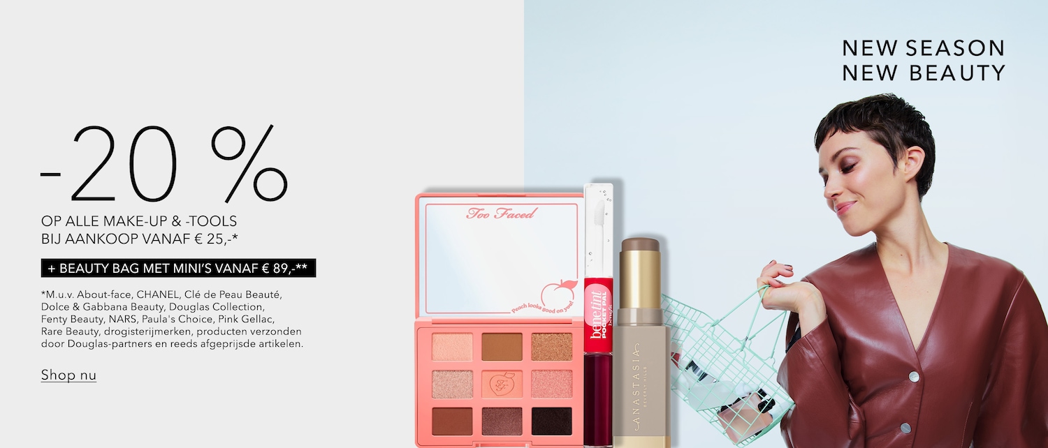 Ontdek 20% korting op make-up en tools bij een aankoop vanaf €25, plus een gratis beauty bag met mini's vanaf €89, met uitzonderingen zoals Chanel en NARS.