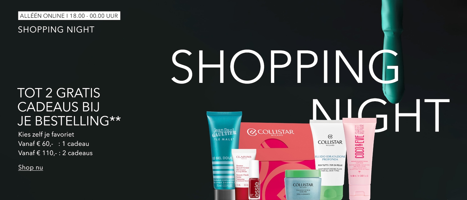 De afbeelding toont een "Shopping Night" banner met de tekst "ALLEEN ONLINE I 18.00 - 00.00 UUR" en "TOT 2 GRATIS CADEAUS BIJ JE BESTELLING**" met details over hoe je cadeaus kunt krijgen.