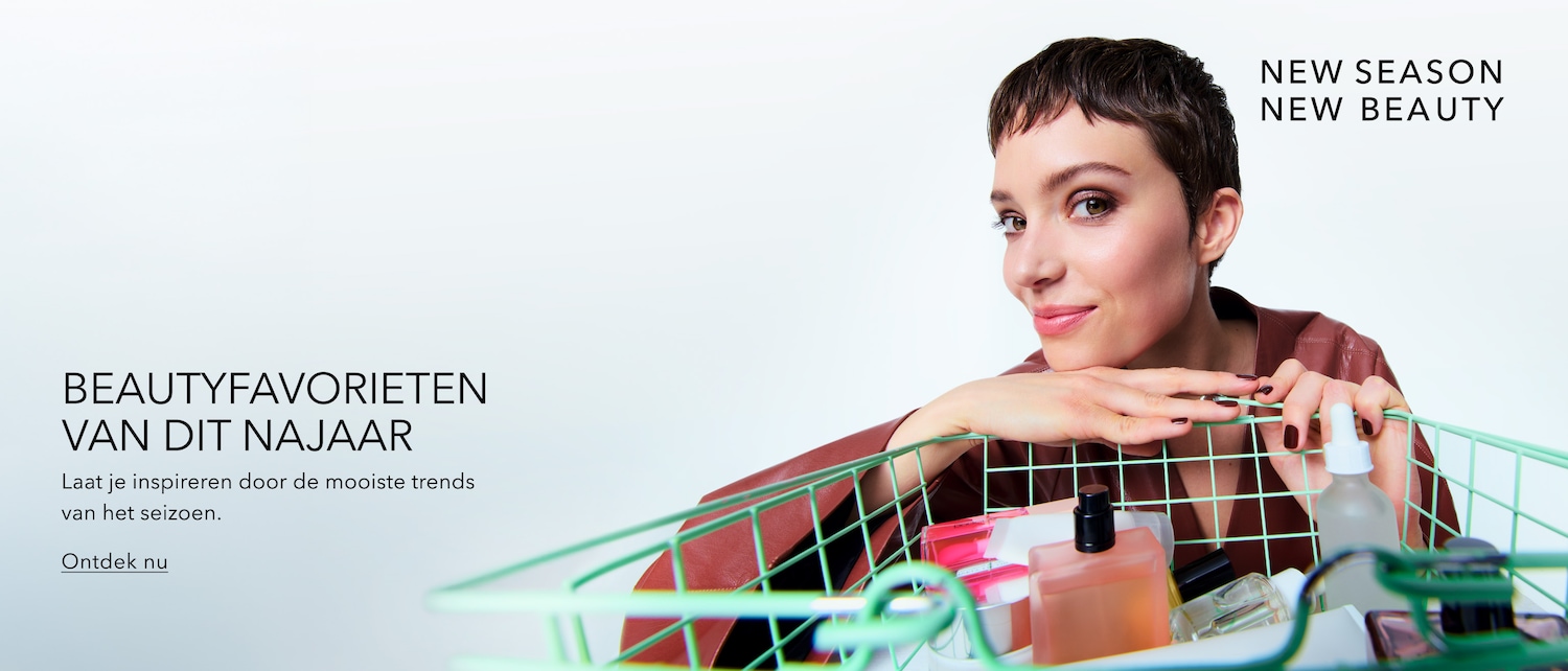 Ontdek de beautyfavorieten van dit najaar en laat je inspireren door de mooiste trends van het seizoen met de tekst "NEW SEASON NEW BEAUTY" en "BEAUTYFAVORIETEN VAN DIT NAJAAR" en een call to action "Ontdek nu".