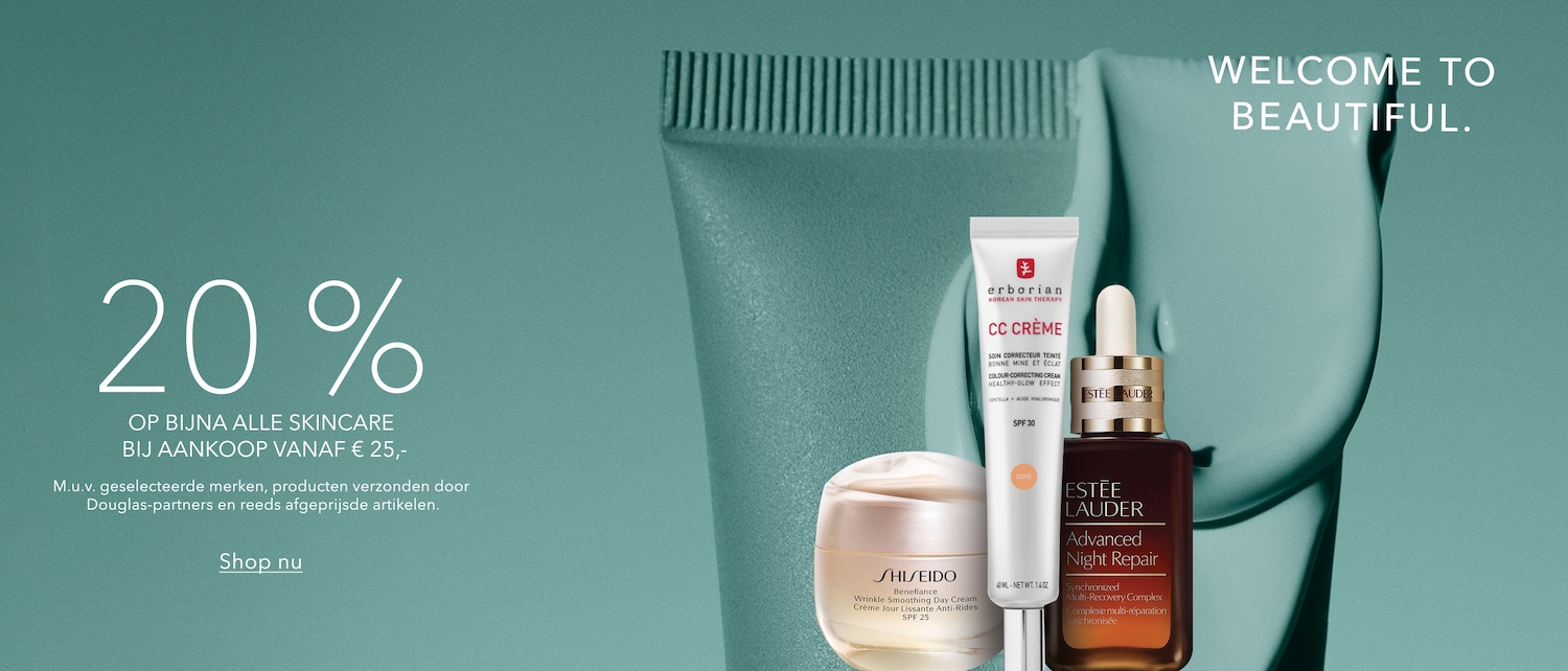 Geniet van 20% korting op bijna alle huidverzorgingsproducten bij aankoop vanaf € 25,-, exclusief geselecteerde merken en producten verzonden door Douglas-partners; shop nu.